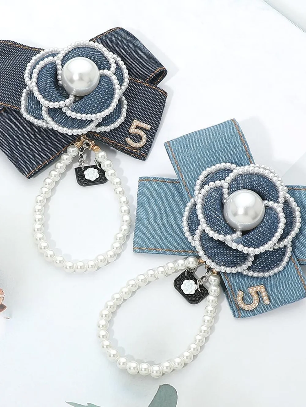 Pearl & Denim Flower Bow Brooch Hair Pin with Charm - White Pearl, Denim